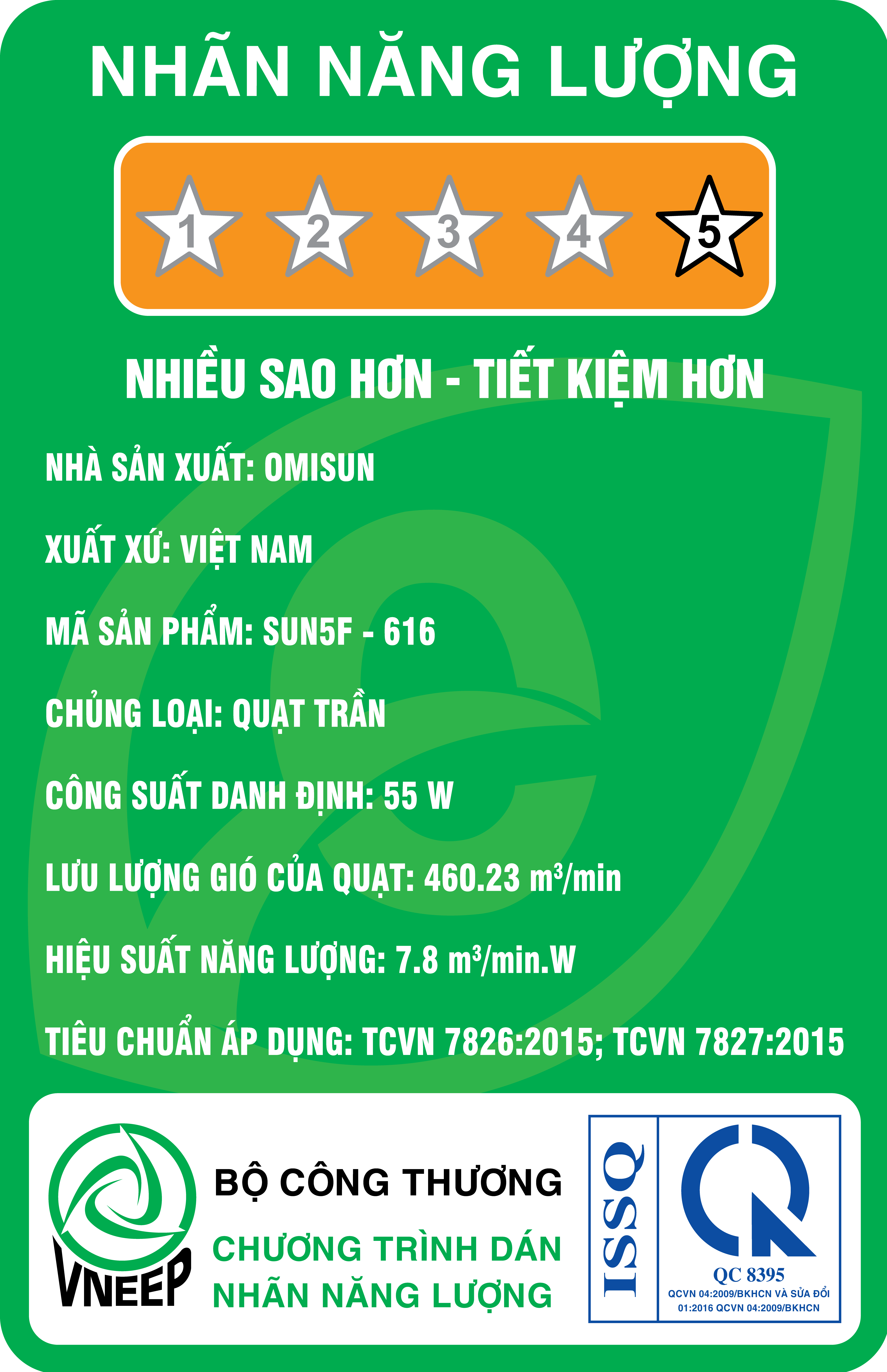 Nhãn năng lượng Quạt trần OMISUN SUN 5F_616 Nhãn năng lượng Quạt trần OMISUN SUN 5F_616