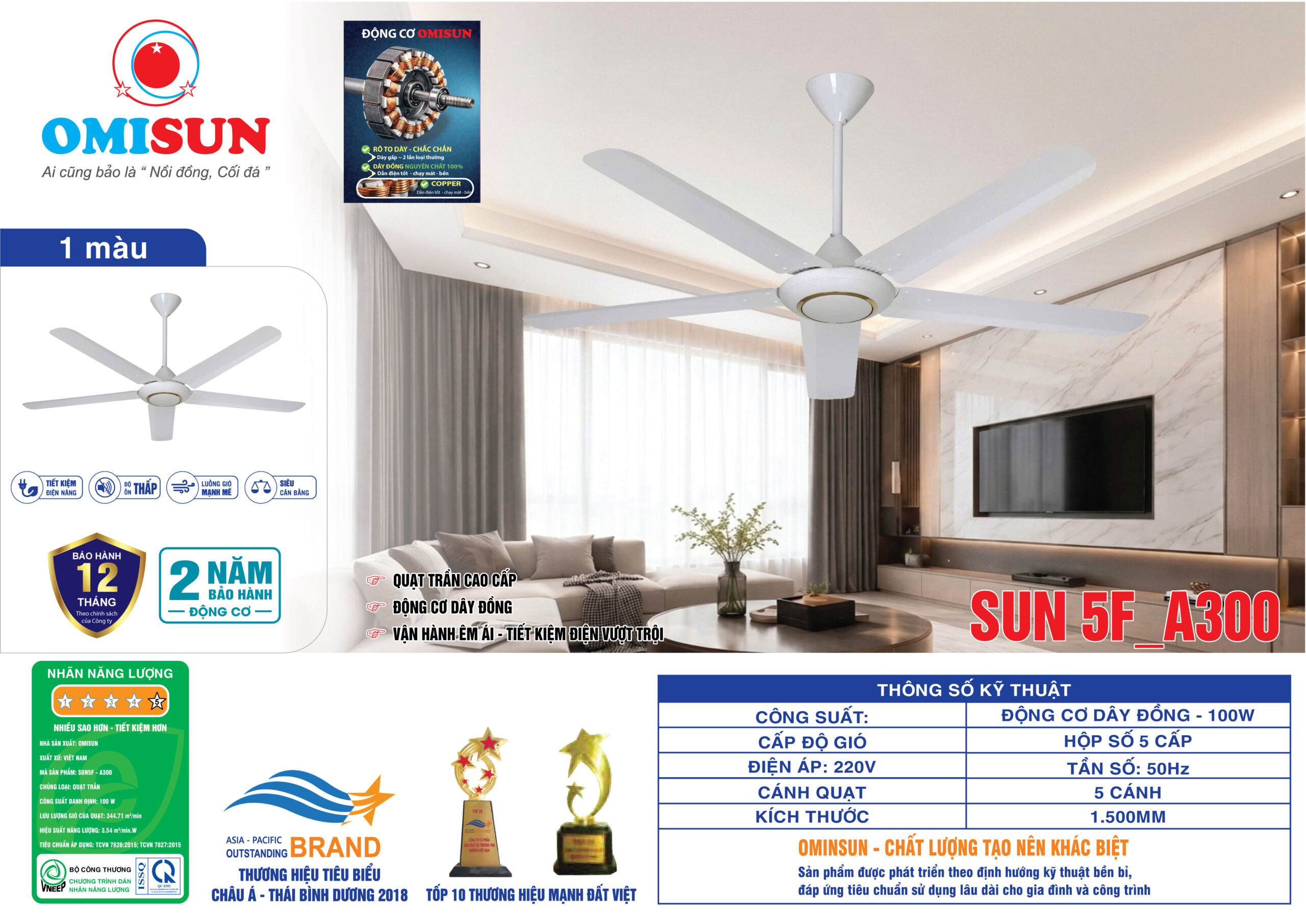Thông số kỹ thuật Quạt trần OMISUN SUN 5F_A300 Thông số kỹ thuật Quạt trần OMISUN SUN 5F_A300